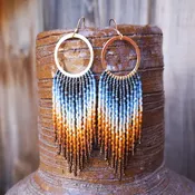 Beaded fringe hoop earrings, ombre blue to copper