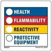 20035VLS Flat Rectangular Label, 3-7/8 in W, HEALTH, FLAMMABILITY, REACTIVITY, PROTECTIVE EQUIPMENT Legend, Black/Blue/Red/Yellow on White, B-7569 Adhesive Vinyl Film, 50 per Pack Labels