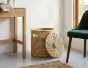 100% Handwoven Natural Rattan Approximately 14-16" Round Basket with Lid & Wooden Handle, Boho Farmhouse Decorative Laundry & Storage Organizer, Handcrafted – Authentic African Craftsmanship