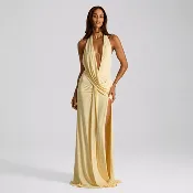 Backless Satin Evening Maxi Dress – Halter Neck, High Side Split, Formal Gown