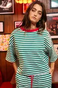 BucketList Striped Oversized Boxy Tee With Contrast Neck Band in Green/Ivory