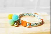 Cat Collar-Orange with Green, Blue, and Yellow PomPoms plus bell