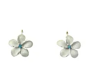 13mm Plumeria Leverback Earrings in White Gold with Blue Diamonds
