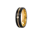 7mm Custom Made, Flat Shaped, Black Tungsten Ring, with Yellow Gold Plated Interior and Round Cut Diamond