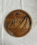 1970s carved wood wall art / round relief sunset and boat / great DIY painting project — Dusty Rose Vintage