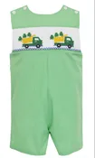 Anavini- Boys Green Checked Smocked Shamrock Trucks Shortall