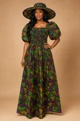 3pc Multi-Print African Slit Dress and Hat Set