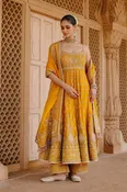 Afraa - Mustard Anarkali Set with Palazzo & Dupatta