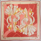 RDC14252 Authentic CARTIER Red / Beige / Gold Jeweled Ribbons 90cm Silk Scarf
