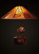 “All-seeing Owl”, Bronze owl on burl base with Amber Mica 12-panel Shade