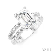 1/10 Ctw Akari Split Rope Textured Shank Emerald Shape Round Cut Diamond Semi Mount Engagement Ring in 14K White Gold