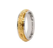 7mm, Custom Made, Dome Shaped, Solid White Gold Ring with Yellow Gold Center and Floral Engravings