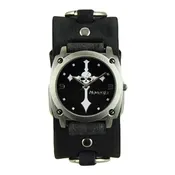 Black Skull Cross Watch with Faded Black Ring Leather Cuff Band DFRB927K