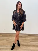3/4 BALLOON SLEEVE FLORAL SHORT DRESS W/BELT - CHOCOLATE CAMEL