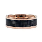 14K ROSE GOLD 8MM POLISHED FLAT WEDDING BAND WITH CARBON FIBER INLAY
