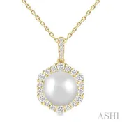 10 MM Cultured Pearl and 5/8 Ctw Hexagon Shape Round Cut Diamond Pendant With Chain in 14K Yellow Gold