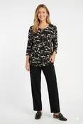 000- Atu Black with Taupe and White Print 3/4 Sleeve Top