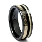 Men's Antler Ring In Black Ceramic With Ebony Wood Inlay, 8mm Comfort Fit Wedding Band