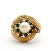 Vintage 14K Yellow Gold Rope Twist Swirl Pearl & Sapphire Cocktail Ring