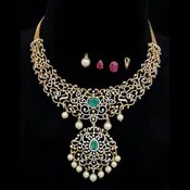 2 In 1 Diamond Necklace With Natural Emeralds/Rubies And Pearl Drops