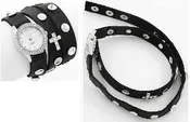 Black Leather Women's Wrap Watch with Cross