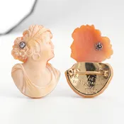 14K Edwardian Diamond Cameo Brooch - Antique Shell Bust Pin