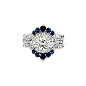 14k White Gold Round Brilliant Natural Diamond Halo Engagement & 14k White Gold Diamond & Royal Blue Sapphire Ring Guard