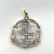 Pendant 8 Reales Spanish Silver Coin  "Concepcion " Phillip IV .925 and 18k  #79079 — Everett Designs