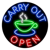 Carry Out Neon Open Sign with Coffee Cup
