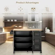 Black / White Rolling Kitchen Island Cart with Extendable Top and 3 Drawers