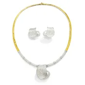 8.95ctw Diamond Wave Pendant Earring Necklace Set 14K Two-Tone Gold