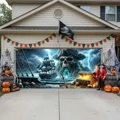 16X7ft Halloween Pirate Ship Garage Door Decorations Cover, Terror Nautical Adventure Pirate Skull Ghost Treasure Garage Door Background, Halloween Pirate Themed Party Wall Window Yard Outdoor Decor