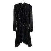 ALC Size 4 Black Metallic Print Long Sleeve Silk DRESS