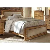 Distressed Pine Upholstered Bed Frame Natural Brown Nailhead Rustic Style