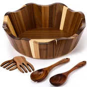 Large 12-inch Acacia Wood Salad Bowls Set with Serving Hands & Utensils –