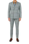(36R, 48R, 48L, 52L) Slim Fit 2 Piece Double Breasted Windowpane Suit - Sea Grass