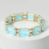Aqua Opal Emerald Cut Crystal Stretch Bracelet on Gold | 663159