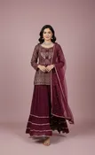 Burgundy Embroidered Lehenga Set with Mirror Work Dupatta