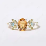 14K Gold Oval Citrine Engagement Ring Cluster Multi-Stone Ring
