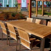 7 Pc Steel & Teak Frontslide Extension Dining Set – Signature Table & Alzette Stacking Chairs | Seats 6