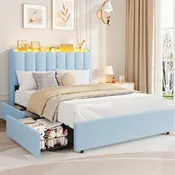 Garvee Full Size Kids Bed Frame with Storage, RGB LED Headboard, Plush Boucle Upholstery, Metal Frame, 2 Drawers, Purple, Bedroom