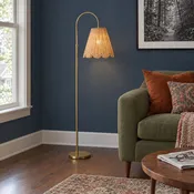 Arched Brass Floor Lamp with Scalloped Woven Shade 66"