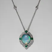 14K White Gold Opal, Diamond, Emerald Necklace