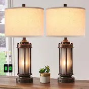 AIEAMPDO Set of 2 Farmhouse Table Lamps for Living Room with USB
