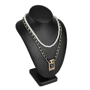#189-2L-BK Deluxe Faux Leather Necklace Chain Jewelry Display Holder, 11”H, Black Faux Leather