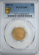 1857-S Indian Princess Gold Three Dollar Piece $3 PCGS G06 - Lowball