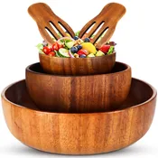 3pcs Large Acacia Wood Salad Bowl Set with Serving Utensils