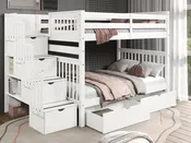 Bedz King Full Over Full Stairway Bunk Bed in White with 2 Storage Drawers