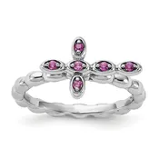 0.14 Ct Round Created Red Ruby Silver Stackable Bezel Cross Ring