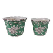 10" / 12" Bird & Flower Chinoiserie Planters (Set of 2) - Green